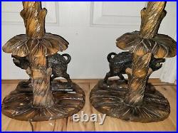 Vtg. Lot of 2 RHON SEPP carved wooden lamp pair Boars wired for USA Folk art