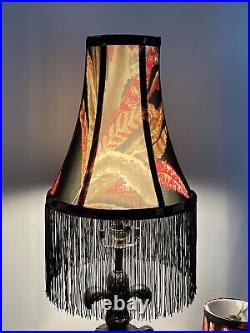 Vtg MCM Art Deco Tiki Boho Lamp Shades PAIR 2 Buffet Black Fringe Red Feathers