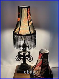 Vtg MCM Art Deco Tiki Boho Lamp Shades PAIR 2 Buffet Black Fringe Red Feathers