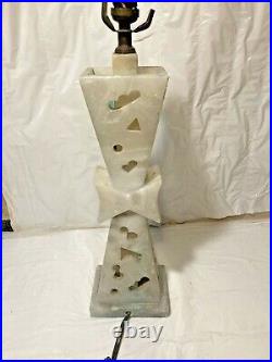 Vtg MCM Carved Alabaster Lamp Marble Art Deco White Ivory Geometric Bow Tie
