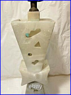 Vtg MCM Carved Alabaster Lamp Marble Art Deco White Ivory Geometric Bow Tie