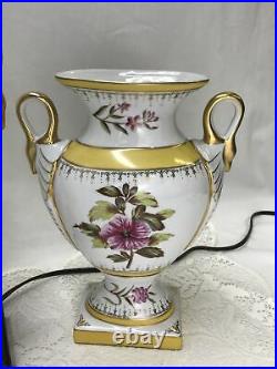 Vtg Matching Lamp & 2 Vase Set Art Deco Victorian Gold Pink Yellow White, Mantle