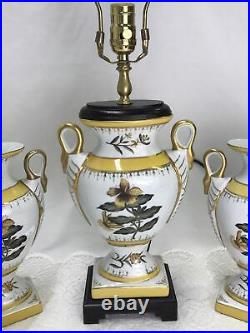 Vtg Matching Lamp & 2 Vase Set Art Deco Victorian Gold Pink Yellow White, Mantle