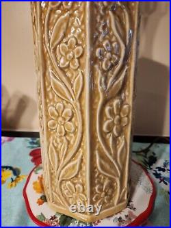 Vtg Mid Century Modern Art Pottery Lamp Caramel Color Octagonal with Wood Throat