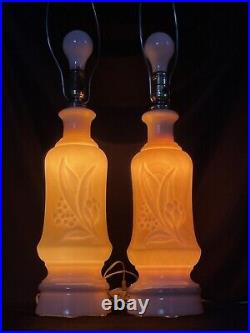 Vtg PAIR Table Lamps Boho Art Deco MCM 1940s 1950s 60s Floral Asian Green Glass
