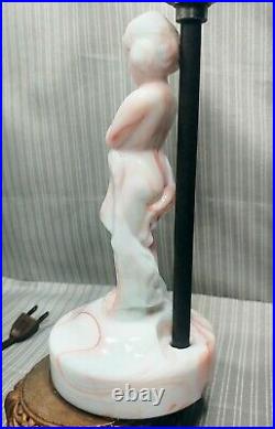 Vtg. Peach & White Slag Glass Table Lamp Base Semi-nude Woman TESTED & WORKS