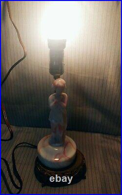 Vtg. Peach & White Slag Glass Table Lamp Base Semi-nude Woman TESTED & WORKS