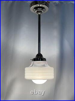 Vtg Ribbed Glass Art Deco MCM Pendant Lamp Schoolhouse Diner Ceiling Light Pole