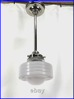 Vtg Ribbed Glass Art Deco MCM Pendant Lamp Schoolhouse Diner Ceiling Light Pole