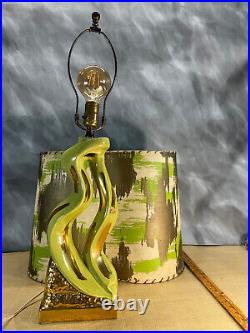 Vtg Table Lamp 1960s MCM Green Gold Retro Art Deco Fiberglass Kidney Shade