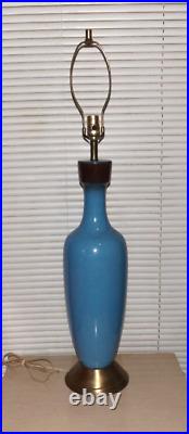 Vtg Tall 1960s Mid Century Blue Brown Brass Ceramic Table Lamp Denmark Style