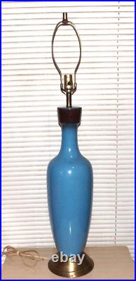 Vtg Tall 1960s Mid Century Blue Brown Brass Ceramic Table Lamp Denmark Style
