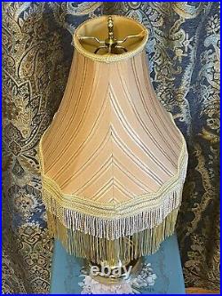 Vtg Victorian Art Deco Boho Table Lamp Shade Peach Beige Gold Fringe Oval 16x13