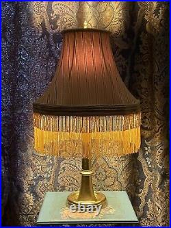 Vtg Victorian Art Deco Boho Table Lamp Shade Peach Beige Gold Fringe Oval 16x13