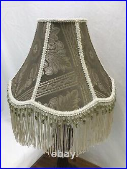 Vtg Victorian Art Deco Lamp Shade Beige Green Ivory Beaded Long Fringe 15x11x6