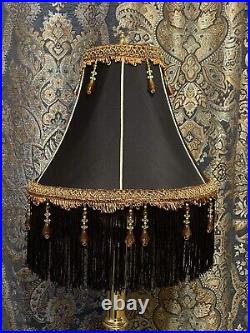 Vtg Victorian Art Deco Lamp Shade Black Brown Beaded Tassel Fringe 14 Boho Styl