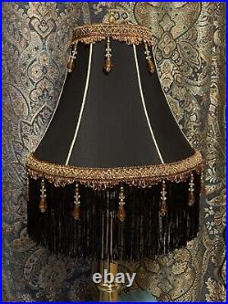 Vtg Victorian Art Deco Lamp Shade Black Brown Beaded Tassel Fringe 14 Boho Styl
