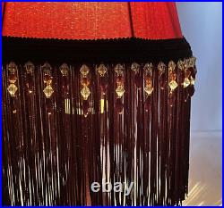 Vtg Victorian Art Deco Style Buffet Boudoir Table Lamp Shade Red Black Fringe