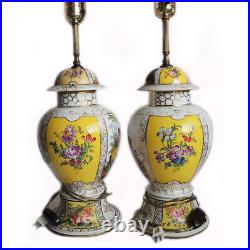 XXL Pair Vintage Antique French Porcelain Hand Painted Floral Romantic Lamp Rare